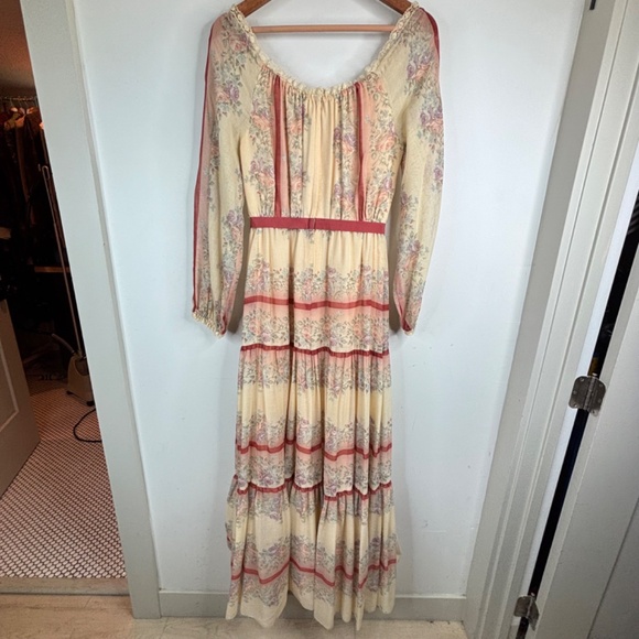 VTG 70s Prairie Dress 6 Maxi Long Sleeve Floral Tiered Cottage Milkmaid Fairy - Picture 5 of 14